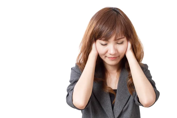 Stressed business woman covering her ears — Stock Photo, Image