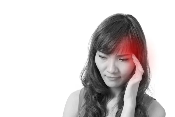 Больная женщина с головной болью, мигренью, стрессом, негативным чувством — стоковое фото