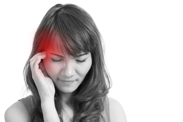 Больная женщина с головной болью, мигренью, стрессом, негативным чувством — стоковое фото