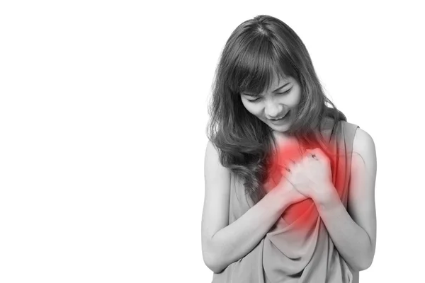 Mujer enferma con ataque al corazón, dolor en el pecho, problemas de salud —  Fotos de Stock