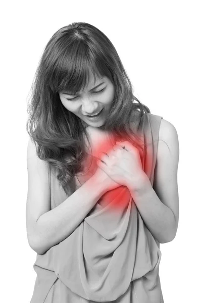 Sjuk kvinna med hjärtinfarkt, bröstsmärta, hälsoproblem — Stockfoto