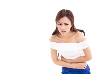 woman suffers from menstruation pain or stomach ache clipart