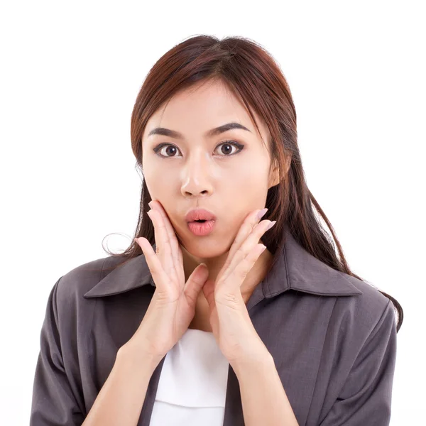 Retrato de mujer de negocios feliz, sorprendida, salida, positiva — Foto de Stock