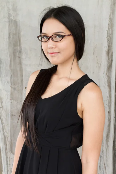Smile, confident, happy, positive woman : black dress and eyeglasses — Stock Photo, Image