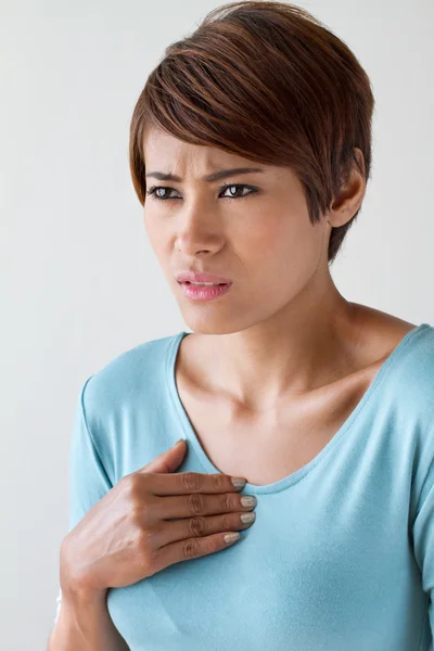 Sick woman with heart attack, chest pain, health problem — Stock Photo, Image