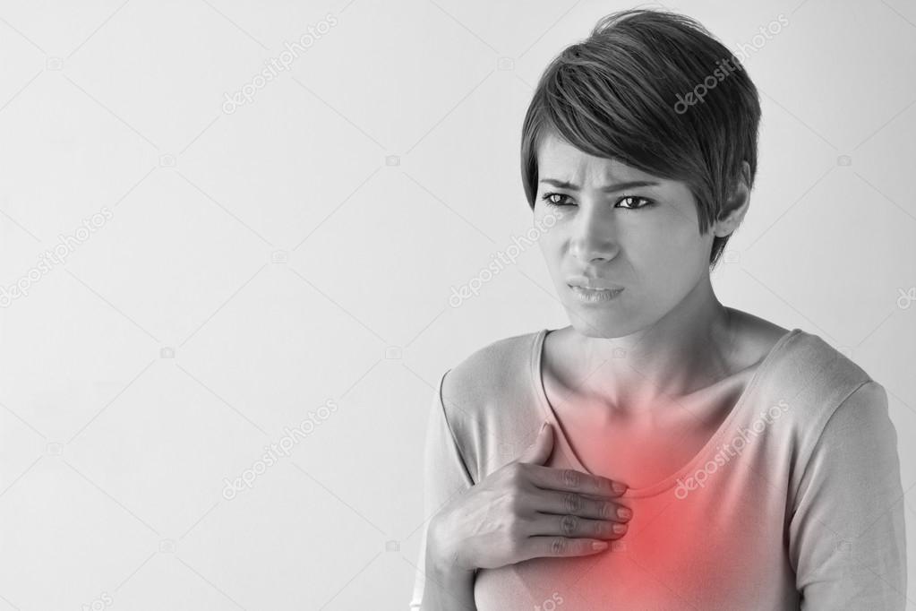 sick woman with heart attack, chest pain, health problem