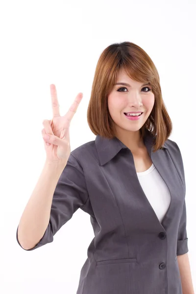 Feliz, hermosa, sonriente joven mujer de negocios mostrando la victoria V —  Fotos de Stock