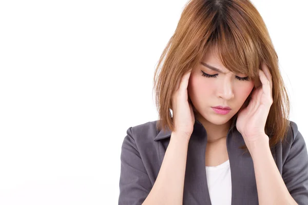 Stressful business woman suffers from headache, stress, overwork — Stock Photo, Image