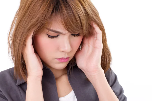 Stressful business woman suffers from headache, stress, overwork — Stock Photo, Image