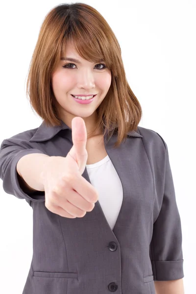 Beautiful businesswoman giving, showing thumb up hand gesture — Stock Photo, Image