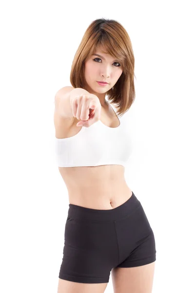 Strong sporty woman pointing at you — Stock Photo, Image