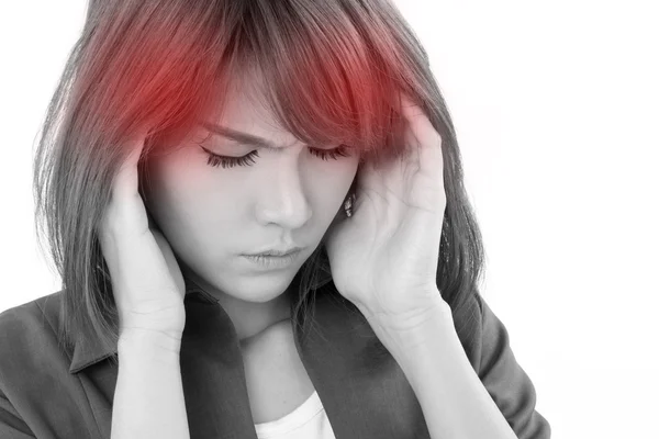 ストレスフルなビジネス女性に苦しんでいる頭痛、ストレス、過労 — ストック写真