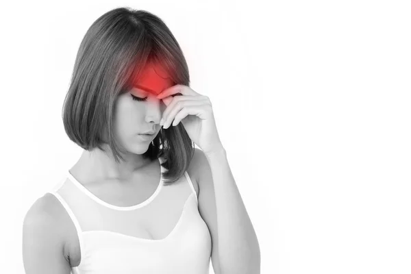 Frustrado, molesto, mujer infeliz con dolor de cabeza — Foto de Stock