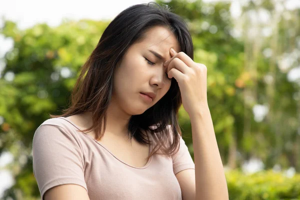 Sick Asian Woman Having Fever Headache Concept Virus Infection Coronavirus — Stock Photo, Image