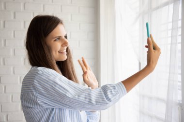 Evde akıllı telefonla çalışırken mutlu kadın selamı; video görüşmesi, vdo konferansı, teletıp video görüşmesi, evde çalışma, yeni normal sosyal mesafe