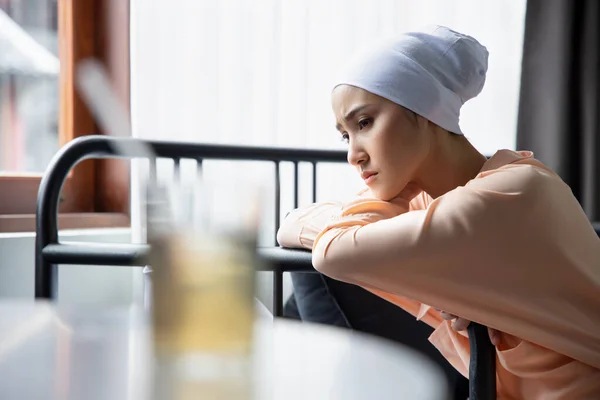 Portrait Sad Asian Woman Cancer Patients Wearing Head Scarf Suffering — Stok Foto