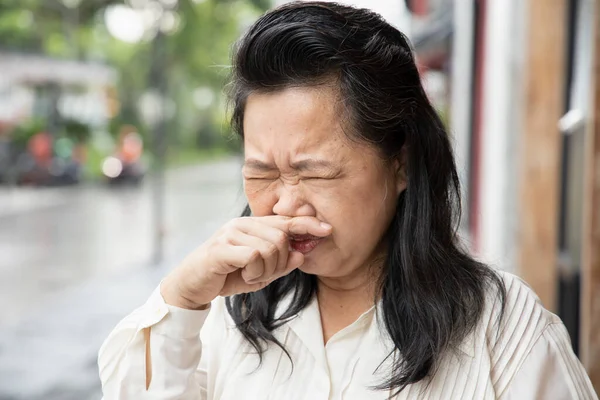 Zieke Allergische Senior Vrouw Met Een Loopneus Met Verkoudheid Griep — Stockfoto