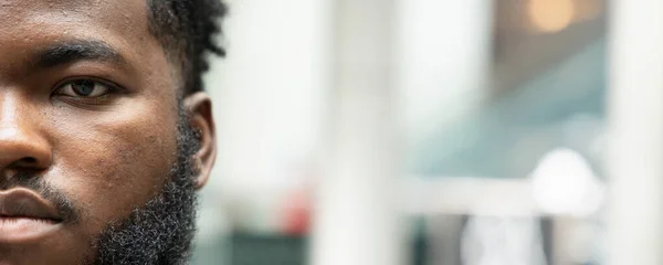 Banner Half Face Portrait Confident Black African Man Looking You — Stock Photo, Image