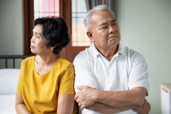 Upset old asian senior couple getting angry at each other, family problem concept