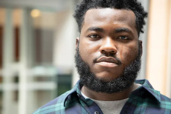 Sad African Black Man Crying Tear Stain His Face — Stock Photo, Image