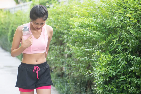 Tired Overtrained Woman Runner Panting Jogging Running Working Out Exercising — Stock Photo, Image