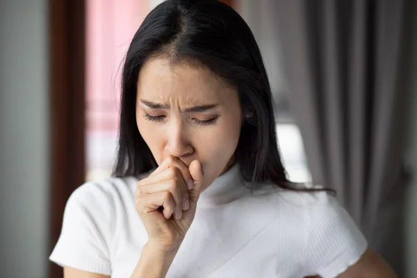 Sick Dry Coughing Asian Woman Staying Home Indoor Concept Coronavirus — Stock Photo, Image