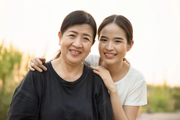 Senior Mother Staying Park Asian Young Adult Daughter Healthy Lifestyle Stock Picture