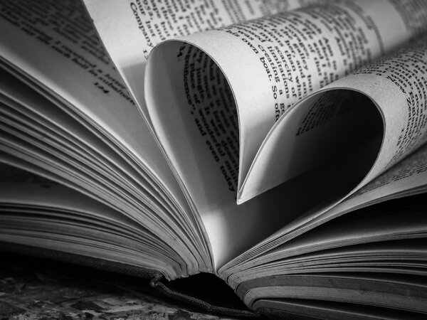 Black and white love heart in a book