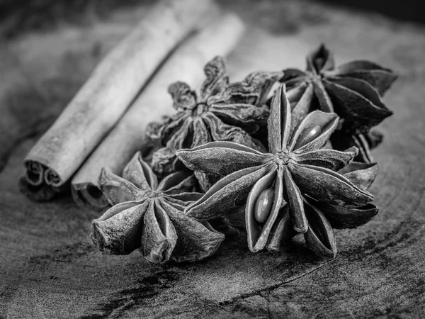 Palitos de canela en blanco y negro y anís estrellado —  Fotos de Stock