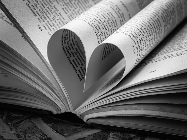 Black and white love heart in a book