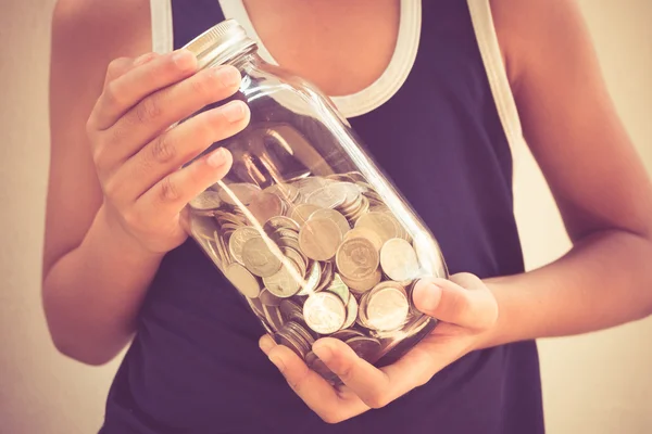 Money in children's hands with filter effect retro vintage style — Stock Photo, Image