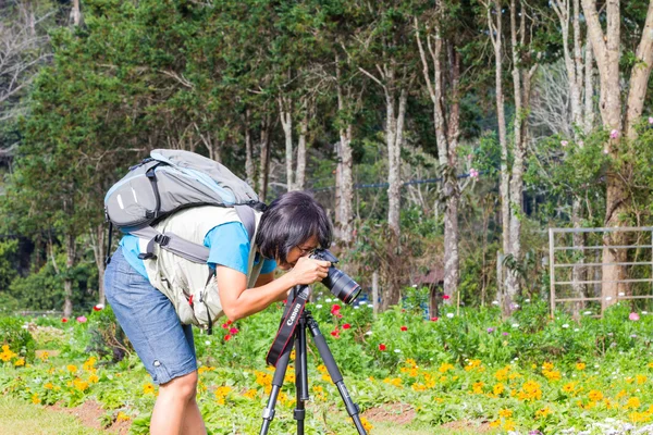 Fotografo in giardino fiorito — Foto Stock