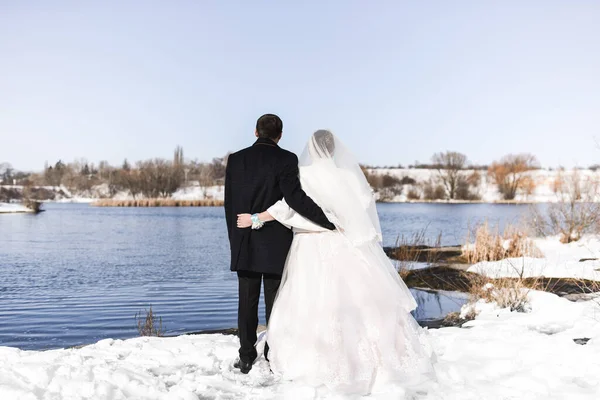 Gelin ve damat kar düğününde dururlar — Stok fotoğraf