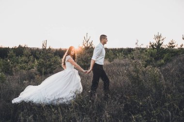 Gelin ve damat yazın gün batımında çayırda yürüyorlar.
