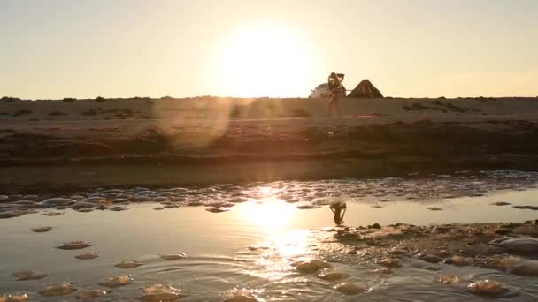 Donna in costume da bagno bikini con i capelli lunghi corre lungo la riva del mare contro il sole al tramonto — Video Stock