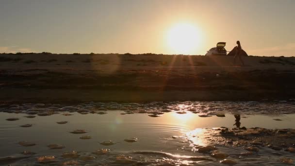 ロングヘアのビキニ水着姿の女性が夕日に対して海岸沿いを走り — ストック動画