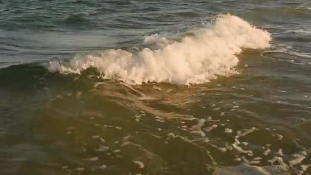 Közeli felvétel a tomboló tenger esti naplementekor. — Stock videók