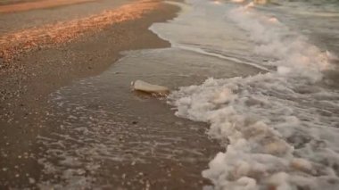 Deniz dalgaları kumlu sahile atık plastik çöpler getirdi.