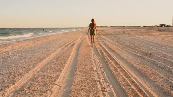 Mujer camina en la playa a lo largo de la orilla del mar en tanga bikini bragas con un botín desnudo — Vídeo de stock