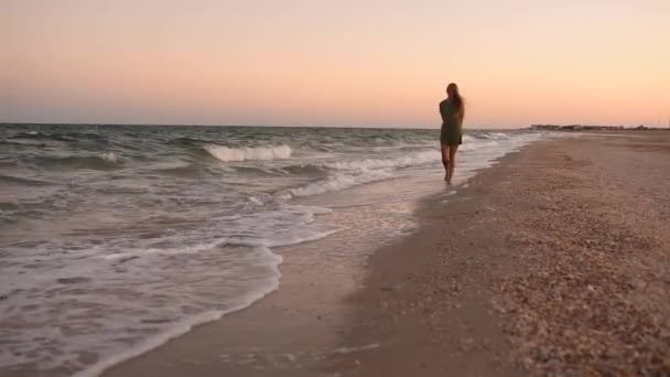 Kadın kumsalda, deniz kıyısında tanga bikinili külotla çıplak poposuyla yürüyor. — Stok video