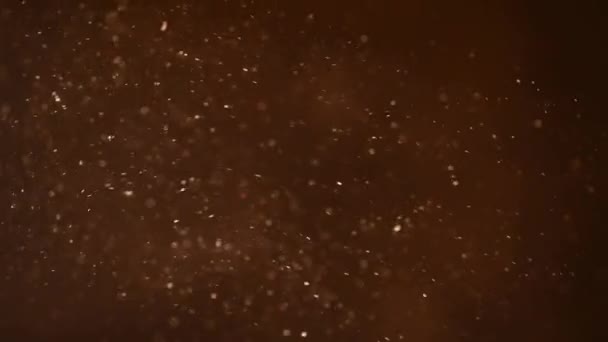 Abstract gold glowing flying chaotically dust snowflakes on a dark background — Stock Video