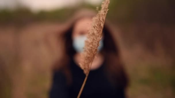 Frau in medizinischer Maske bedeckt ihr Gesicht mit trockenem Schilf Pandemie Covid-19 Coronavirus — Stockvideo