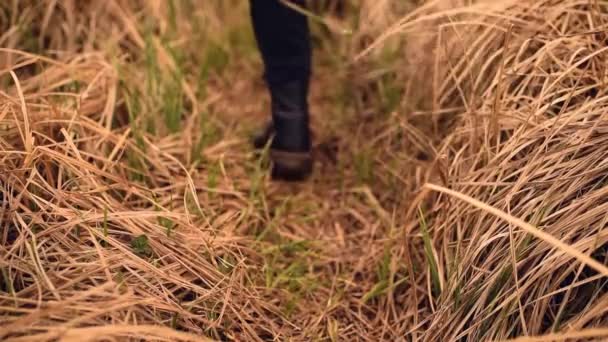 Bottes brutales massives à la mode noires avec marais de boue sur les semelles laissent sur l'herbe sèche — Video