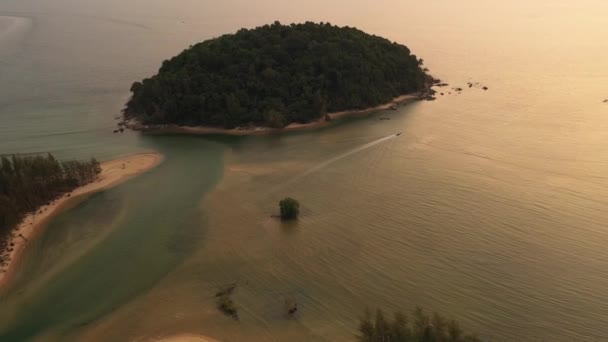 Drone vlucht over de jungle en de zee, stad Na zonsondergang — Stockvideo