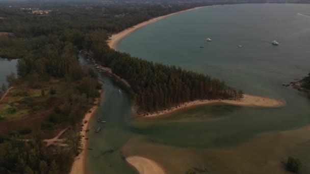 เครื่องบินโดรนบินเหนือป่าและทะเล เมืองหลังพระอาทิตย์ตก — วีดีโอสต็อก