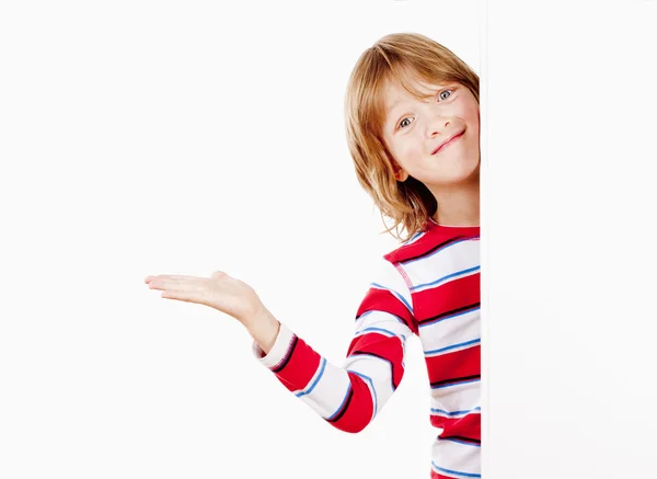 Boy Peeking Out From Behind A White Board — Stock Photo, Image