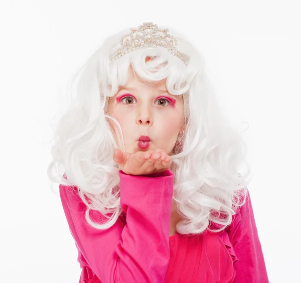 Girl in White Wig and Diadem Posing as Princess — Stock Photo, Image