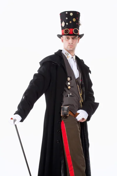 Magicien avec chapeau haut de forme, manteau long et pièces d'horloge Détails — Photo