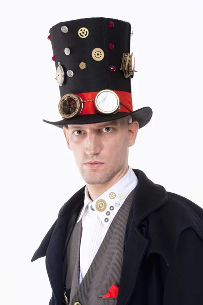 Magicien avec chapeau haut de forme, manteau long et pièces d'horloge Détails — Photo