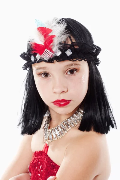 Little Girl in Wig and Red Dress in 1930ties Style — Stock Photo, Image